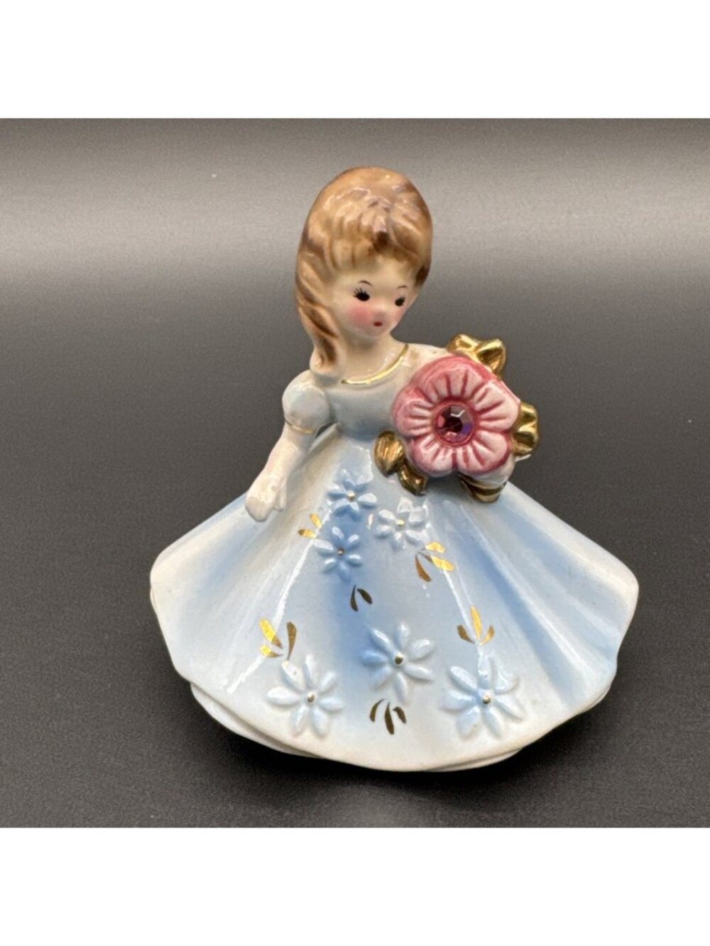 Vintage Josef Originals October Pink Flower Rhinestone Birthday Girl Blue Dress